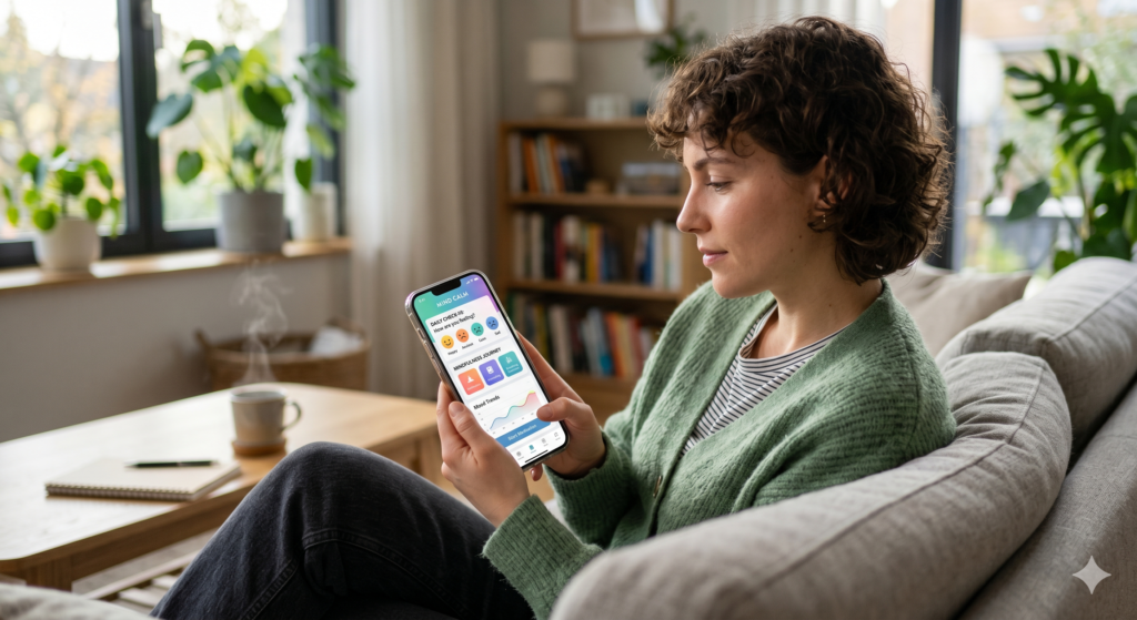 Person using a mental health app on a smartphone. Apps such as Headspace, Calm, BetterHelp, Talkspace, Woebot, and Wysa have collectively reached tens of millions of users. They offer Cognitive Behavioural Therapy (CBT) modules, mindfulness sessions, mood tracking, crisis support lines, and — increasingly — AI-powered conversational support. In the UK, the NHS has partnered with the "Everyday Mental Health" app and launched an AI chatbot to simplify referrals and offer early digital support for patients awaiting clinical care. This is a profound structural shift: technology is now formally integrated into national healthcare mental health pathways.

In February 2025, data showed that 62.3% of patients with a telehealth mental health claim had sought support through virtual platforms — marking a tipping point in how humanity accesses psychological care. Telehealth tools have particularly transformed access in rural and low-connectivity regions, removing the physical, logistical, and stigma-related barriers that previously kept millions from ever walking through a therapist's door.